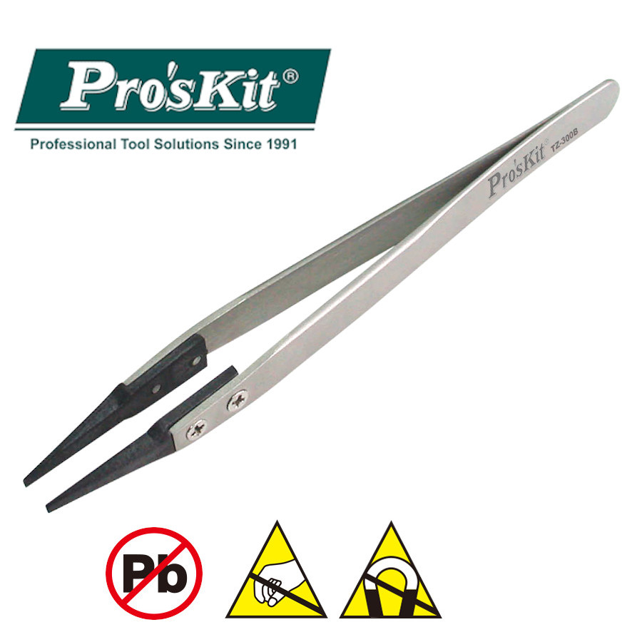TZ-300B Pro'sKit Пинцет прямой (профессиональный, антистатический, сменные наконечники)