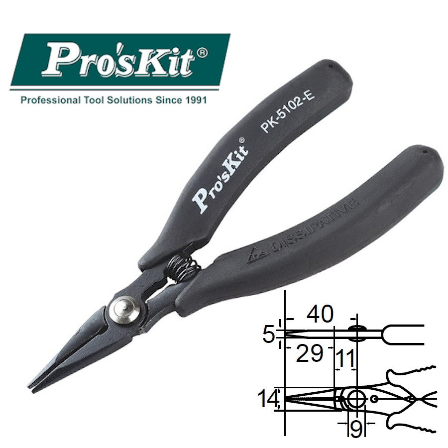 1PK-5102-E Pro'sKit Длинногубцы скругленные антистатические (140мм)