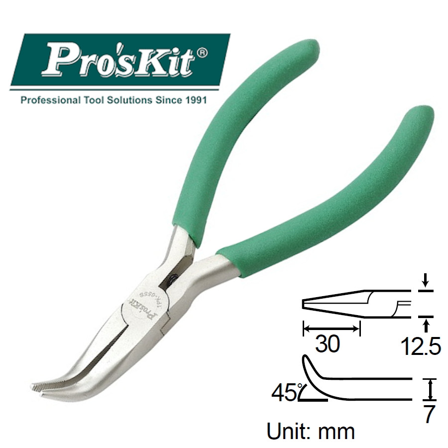 1PK-055S Pro'sKit Длинногубцы изогнутые (130мм, пружина)