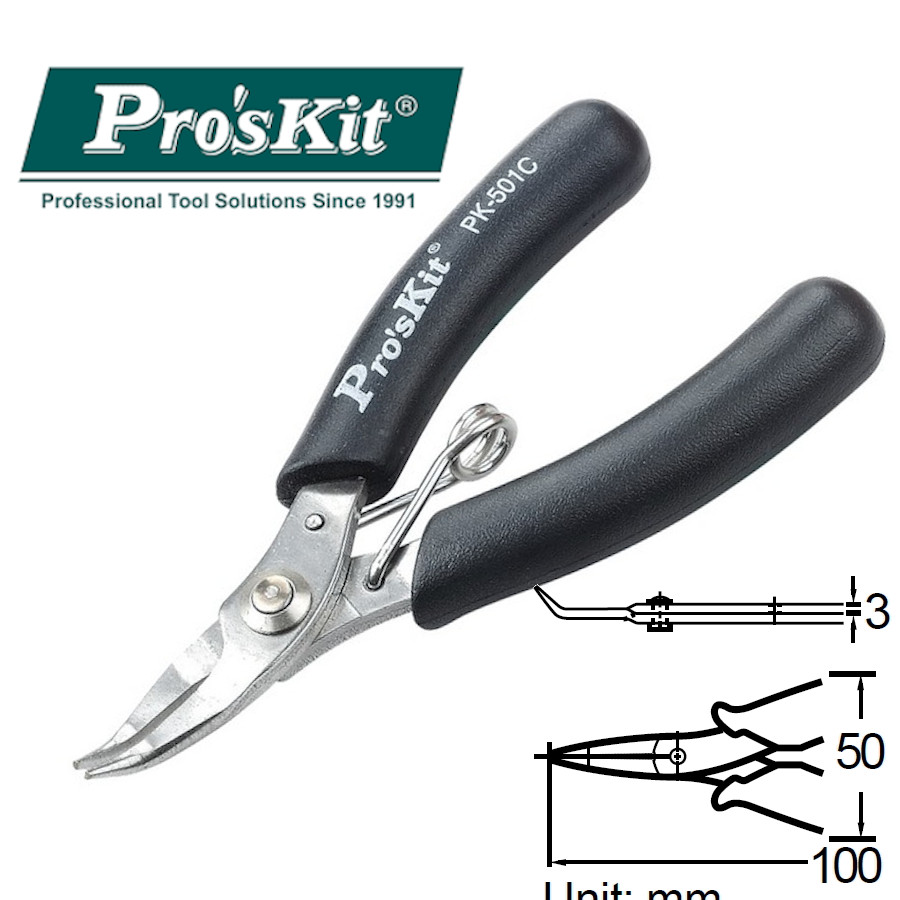 1PK-501C Pro'sKit Длинногубцы изогнутые мини (100мм, пружина)