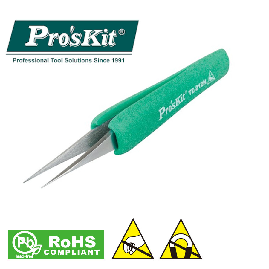 TZ-212N Pro'sKit Пинцет эргономический антистатический прямой заостренный (129мм)