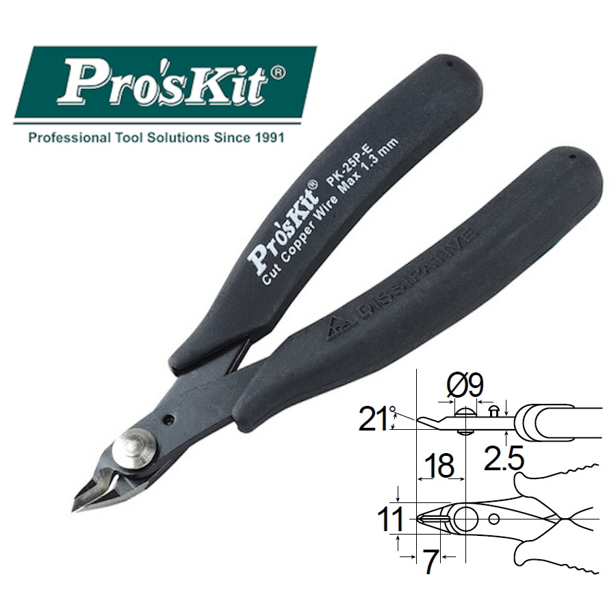 1PK-25P-E Pro'sKit Кусачки прецизионные антистат. (медь до 1.3мм, 130мм)